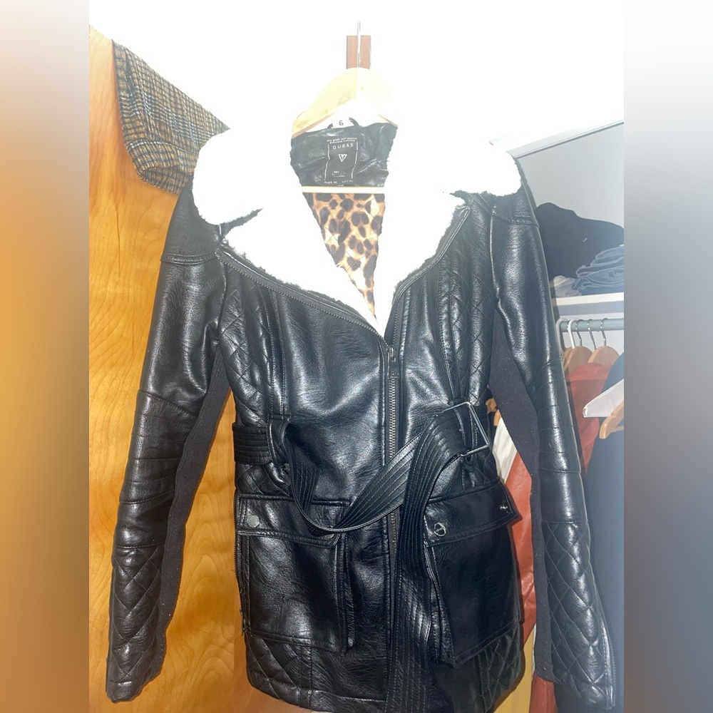 Guess leather pilot jacket with faux fur